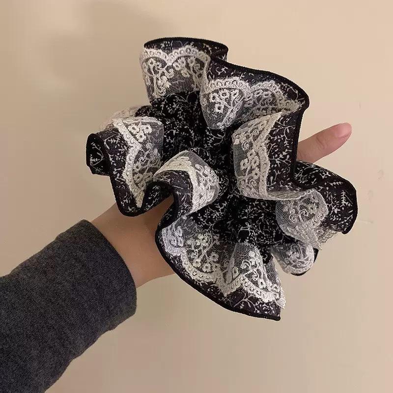 

French Luxury Lace Scrunchies Black White Floral Hair Bundle Elegant Oversized Hair Ropes Ties Women Ponytail Holder Gift чорний