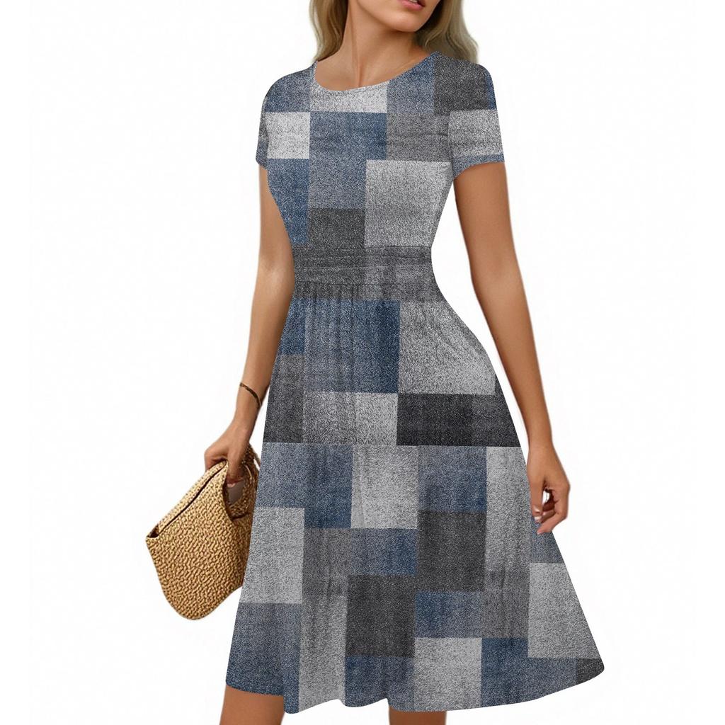 Women's Casual Fashion Round Neck Pleated Short Sleeve Retro Floral A-Line Midi Dress