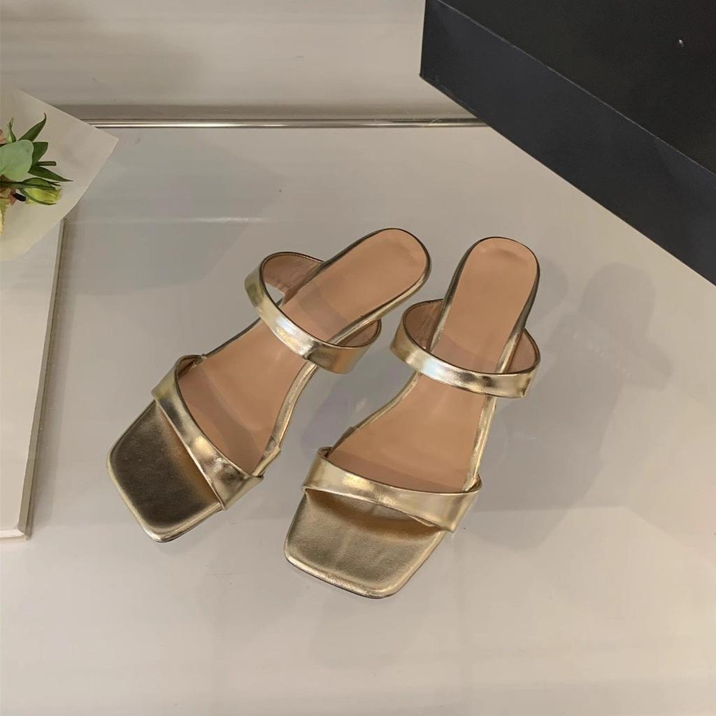 Temperament Satin Square Head Open-toed Sandals Summer New One-word with Wedge Heels Cool Slippers Women's Wear