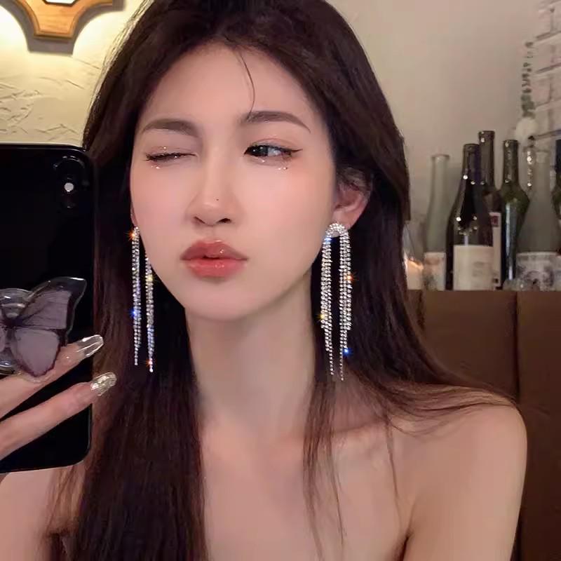 Korean-Style High-End Tassel Bow Earrings - Elegant Long Design for Women