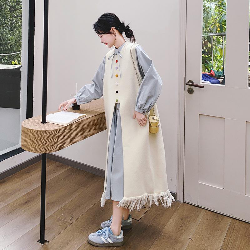 Women's Spring 2025 Playful Two-Piece: Colorful Button Shirt Dress & Tassel Knit Vest Suit