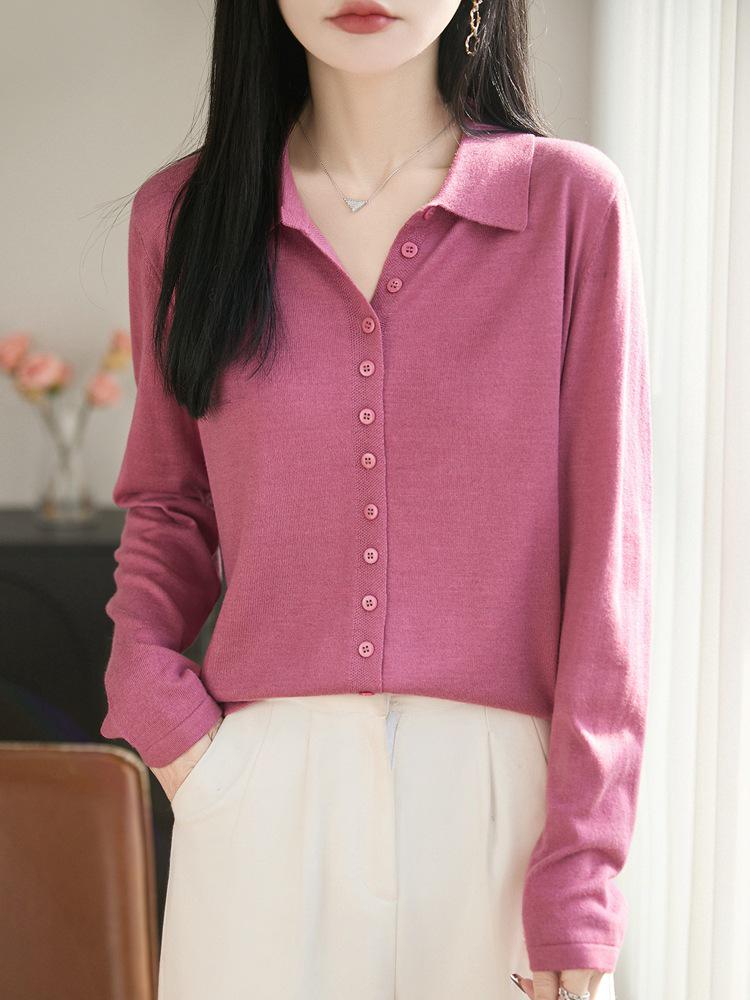 Women's Korean Style Lapel Wool Knit Cardigan with POLO Collar - Long Sleeve, Versatile, Casual Sweater for Spring.