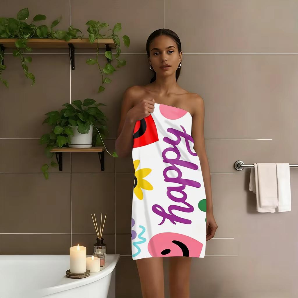 Happy Smiley Floral Beach Towel,Microfiber Soft Absorbent Quick Dry, Oversized for Beach Pool Travel, Colorful Kids Bath Towel
