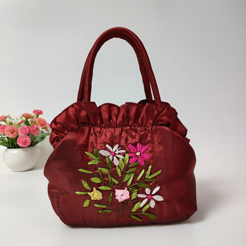 Zipper women's bag handmade ribbon embroidered bag mother shopping bag handbag bag wedding bag