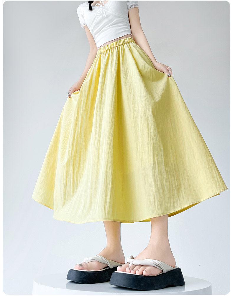 Women's Yellow High-Waist Ice Silk Pleated Long Skirt - Summer A-Line Slimming Design