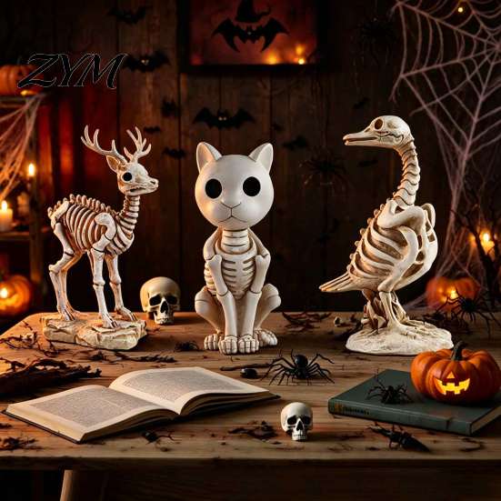 Haunted House Supplies Skeleton Animal Statue, Spooky Deer Cat Duck Figurine, Resin Yard Display Ornament for Halloween Table Centerpiece, Front Porch