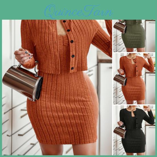 Knitted 2pcsset Women Coat Dress Sling Bodycon Set Solid Color Mini Dress Long Sleeve Single Breasted Cropped Coat