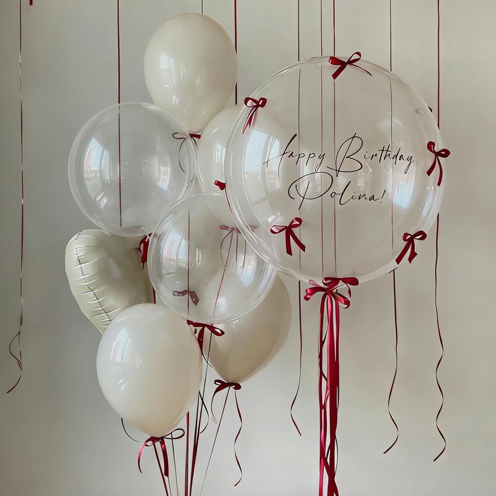 Sand white bobo balloon set with red ribbon bow decoration for birthday, wedding, shower, proposal, anniversary decoration