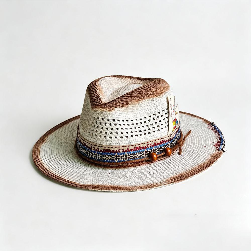 Fashion Black Men'S Summer Straw Woven Fedora Hat Panama Hat Wide Brim Summer Beach Sun Hat Playing Card Accessory