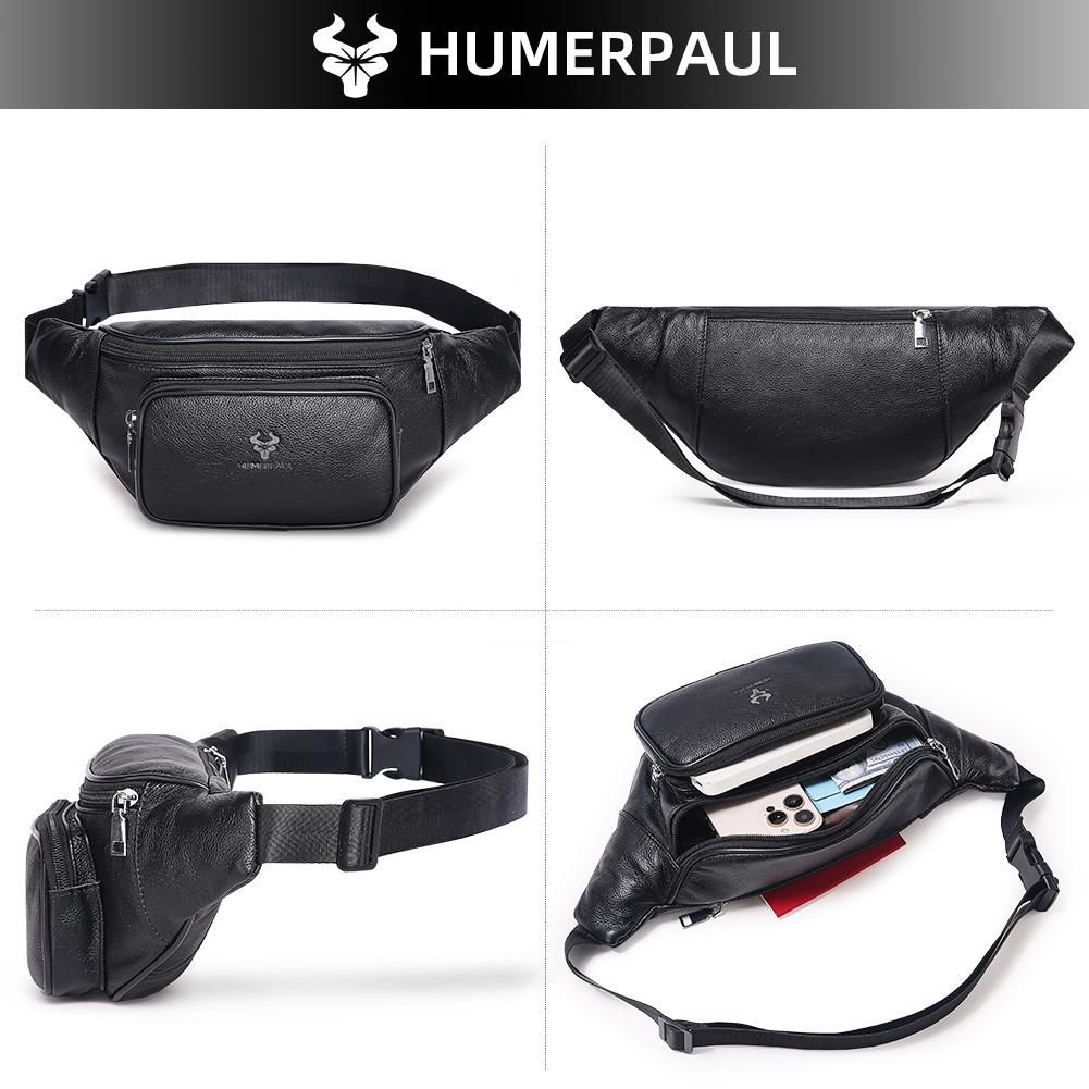 HUMERPAUL Men leather waist bag multifunctional cowhide leisure sports mobile phone waist bag multi-compartment chest bag large-capacity shoulder bag