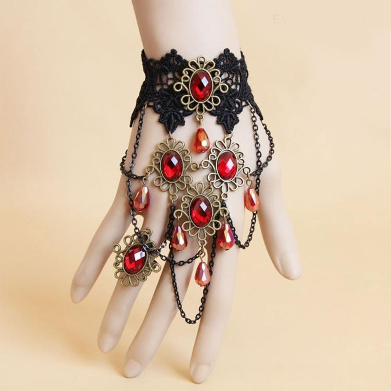 Vintage Spitzenarmbänder Schwarze Spitze Gothic-Armbänder Spitzen-Handschmuck für Damen und Mädchen Kristall Cosplays Anhänger Schmuck