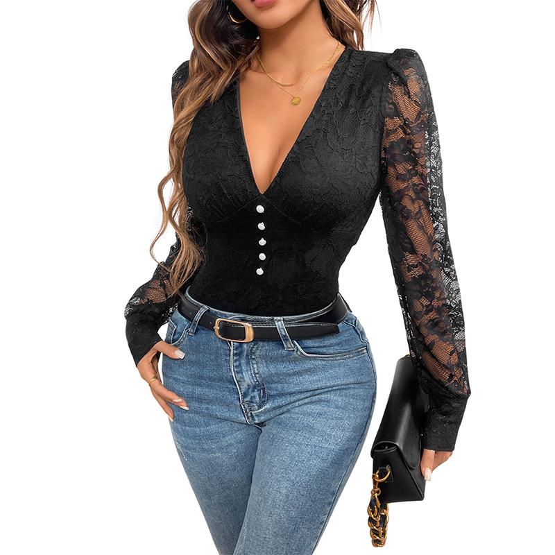 2025 New Sexy Retro Elegant Style Deep V-neck Lace Long-sleeved Jumpsuit