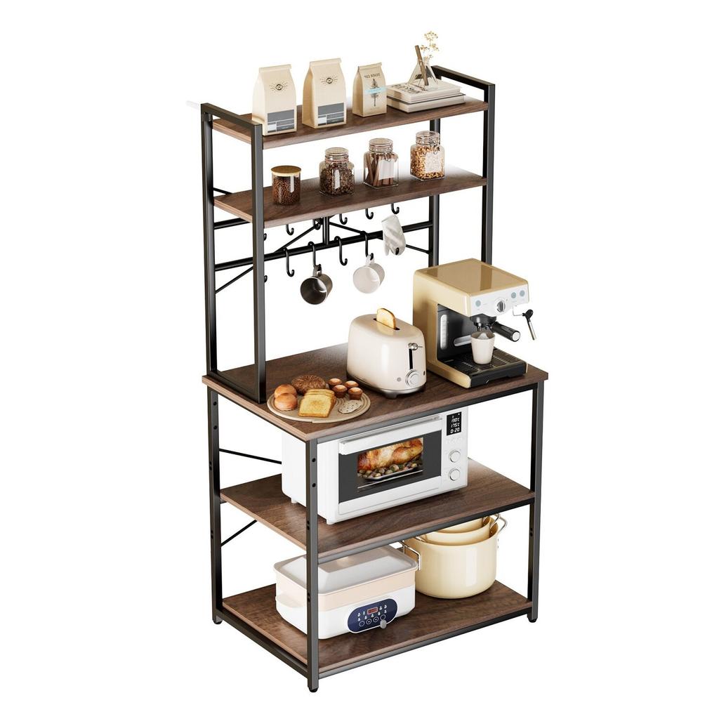 Kitchen Bakers Rack, 800 Mm Width Bakers Rack, Kitchen Stand with X-Shaped Support Bar, 12 S-Shaped Hooks, Double-Layer Top Shelf, Coffee Bar Stand
