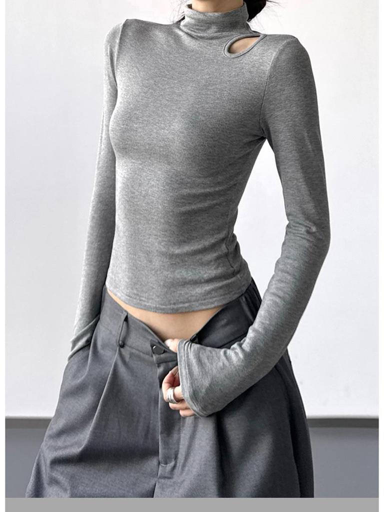 Women's Slim Fit Velvet Turtleneck Long Sleeve T-Shirt, Gray, 2025 Spring/Autumn/Winter Collection.