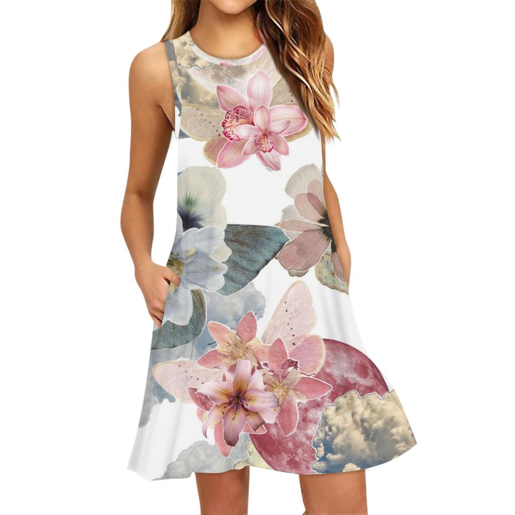 Women's Fashion Beach Dress Sleeveless Round Neck Floral Print Dress