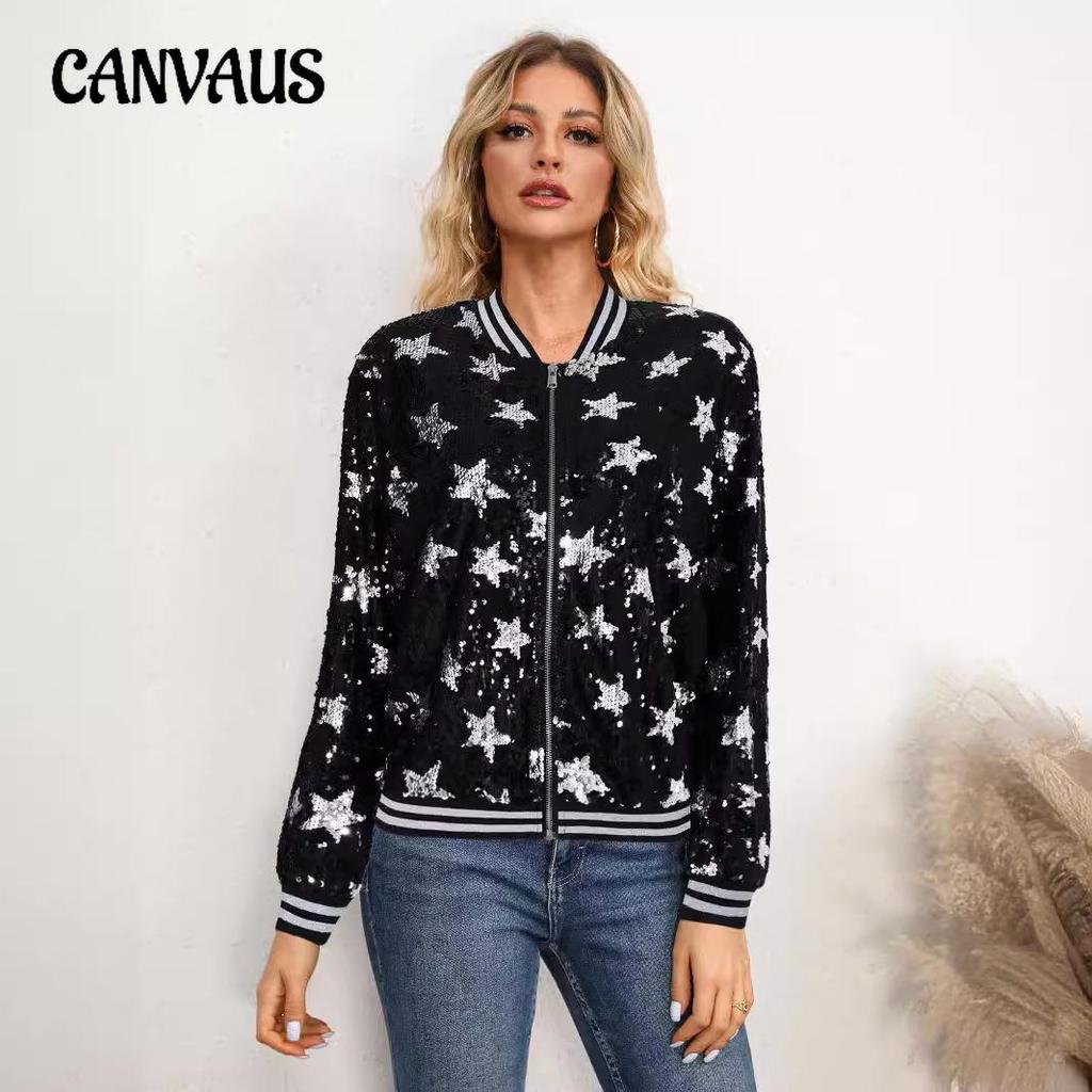 Women's Jacket Autumn Sequin Decorated Stars Silver Embellished Zip Jacket