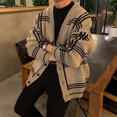 Herrenbekleidung Strickjacke Jacke V-Ausschnitt Mantel Strickpullover Männlich Kariert Elegant Lässig Langarm Koreanisch Herbst