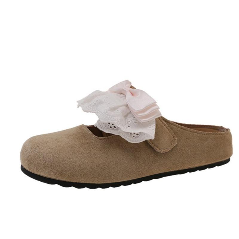 Moda Koronkowa Kokarda Damskie Płaskie Muły Buty 2025 Jesień Eleganckie Zamszowe Kapcie Moda Nowe Slingback Casualowe Buty Komfort Zapatillas Mujer