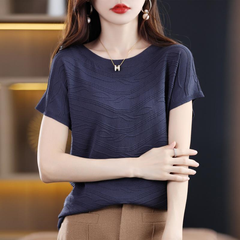 IHUASU Women's Short-sleeved O-neck T-shirt Loose Temperament Commuting Bottoming Spring and Summer Ice Silk Tops