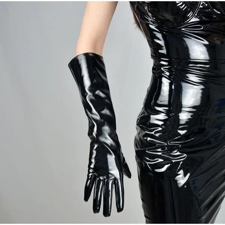 Extra Långa 70CM Lackläderhandskar Dam Ljus Svarta Simulerat Läder PU Varma Prestanda Fotografi Cosplay Gratis Frakt