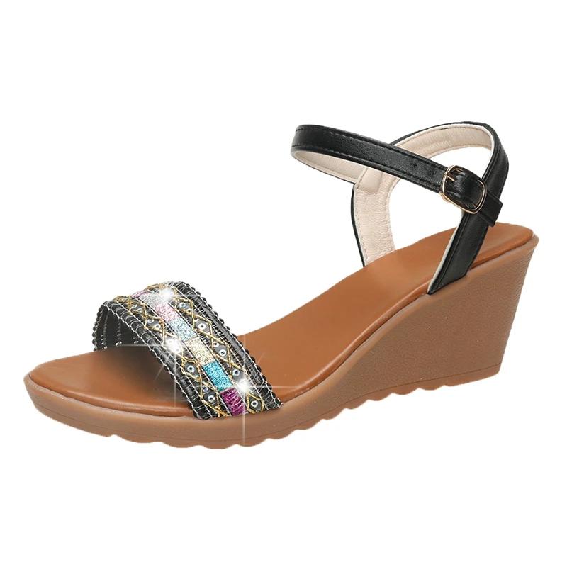 Fashion Women's 2025 Summer Fashion Wedge Heel Sandals Crystal Buckle Strap Dress Sandals Classic Plus Size Ladies Shoes for Daily