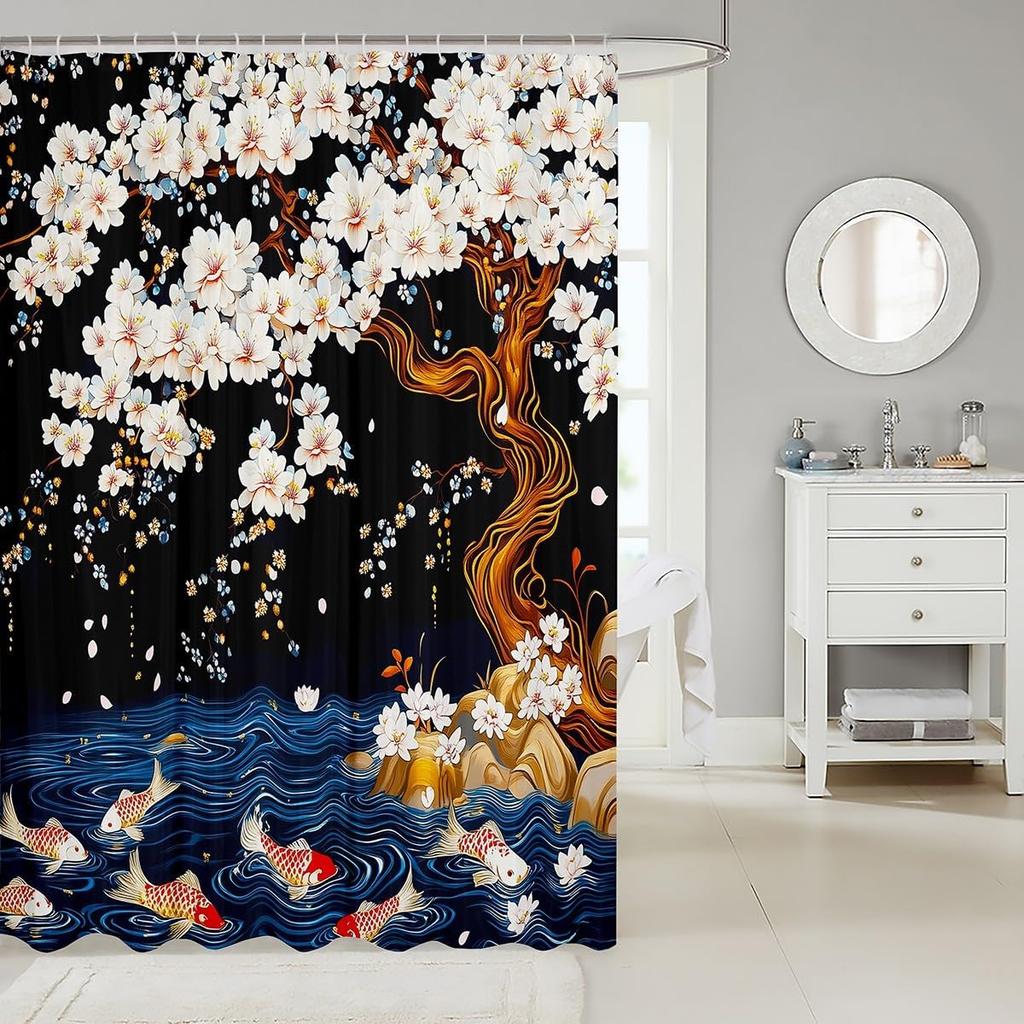 Duschvorhang im japanischen Stil, Kirschblüten und Koi-Fische Badezimmervorhang für Kinder, Teenager, Erwachsenenzimmer-Dekoration, Ukiyo-e Kunstmalerei