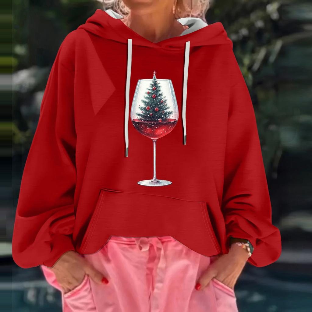 Women's Christmas Print Loose Casual Long Sleeve Hooded Sweatshirt