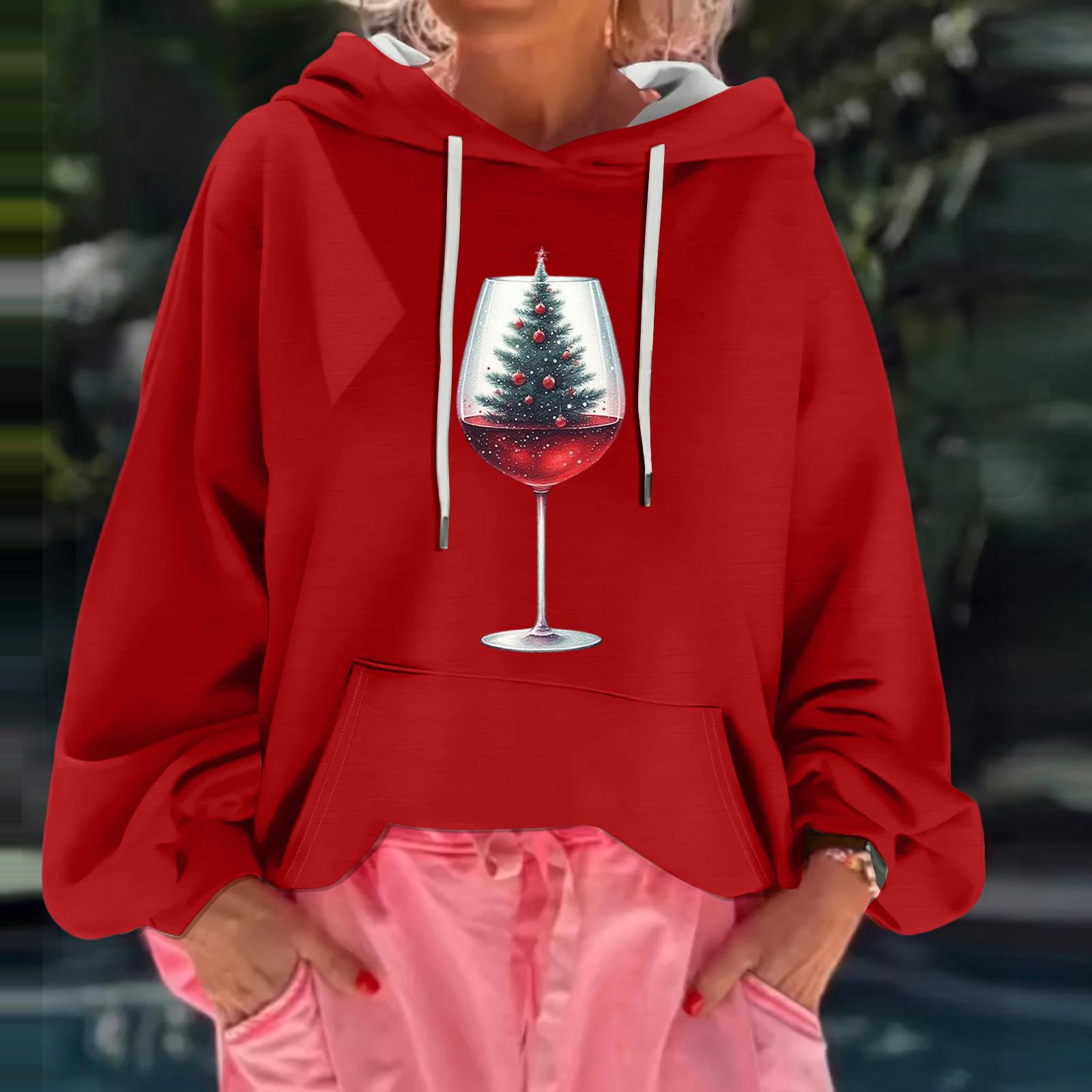 

Женский рождественский принт, свободный повседневный худи с длинным рукавом и капюшоном S красный