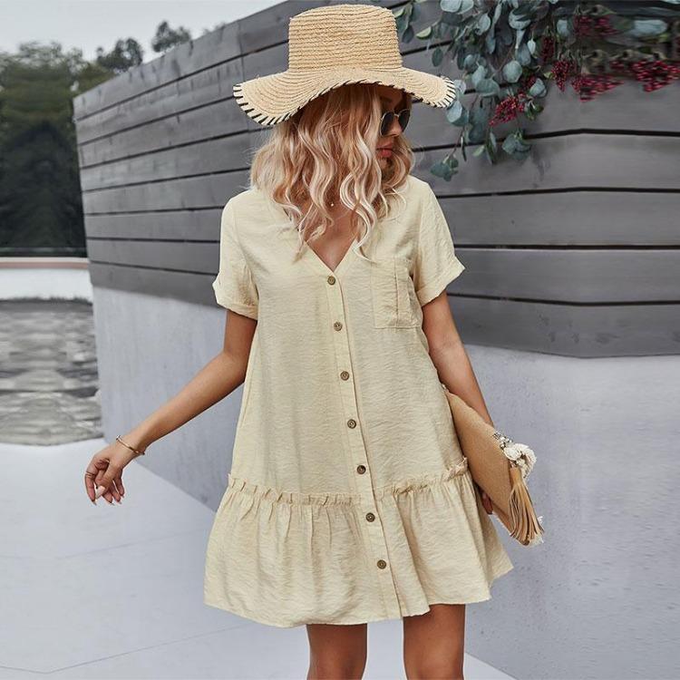 Summer Women Casual Short Dress V Neck Single Breasted A Line Solid Color Dresses Spring Summer Apricot Navy Blue Sizes S M L XL
