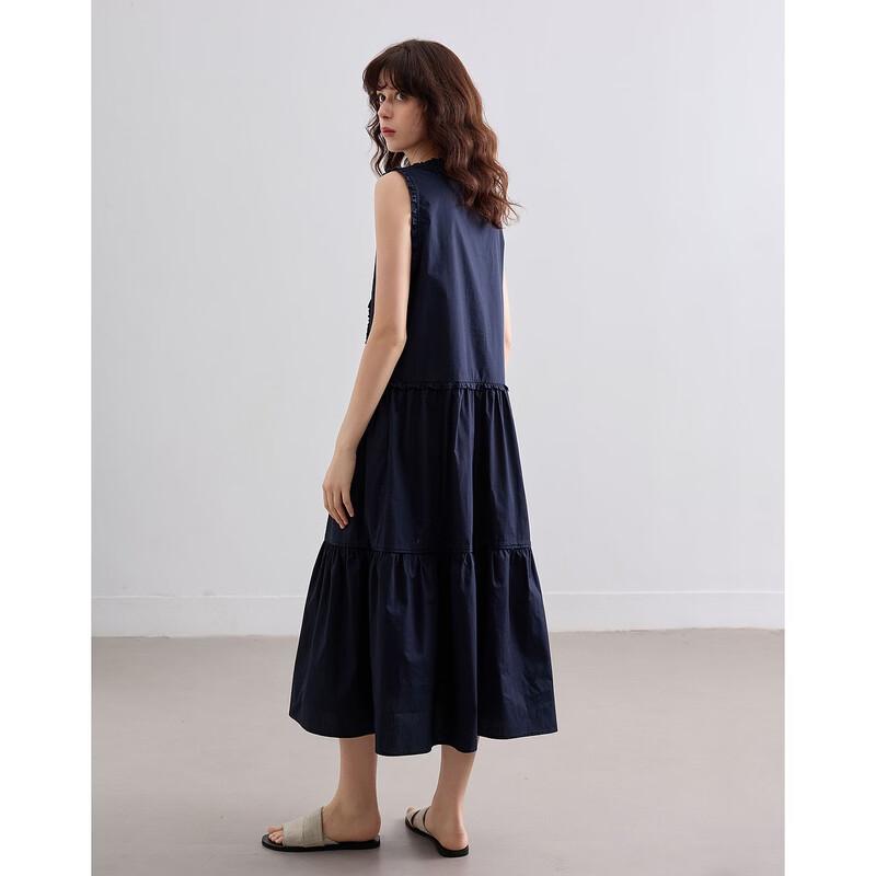 Women s Cotton Poplin V-Neck Ruffle A-Line Midi Dress M