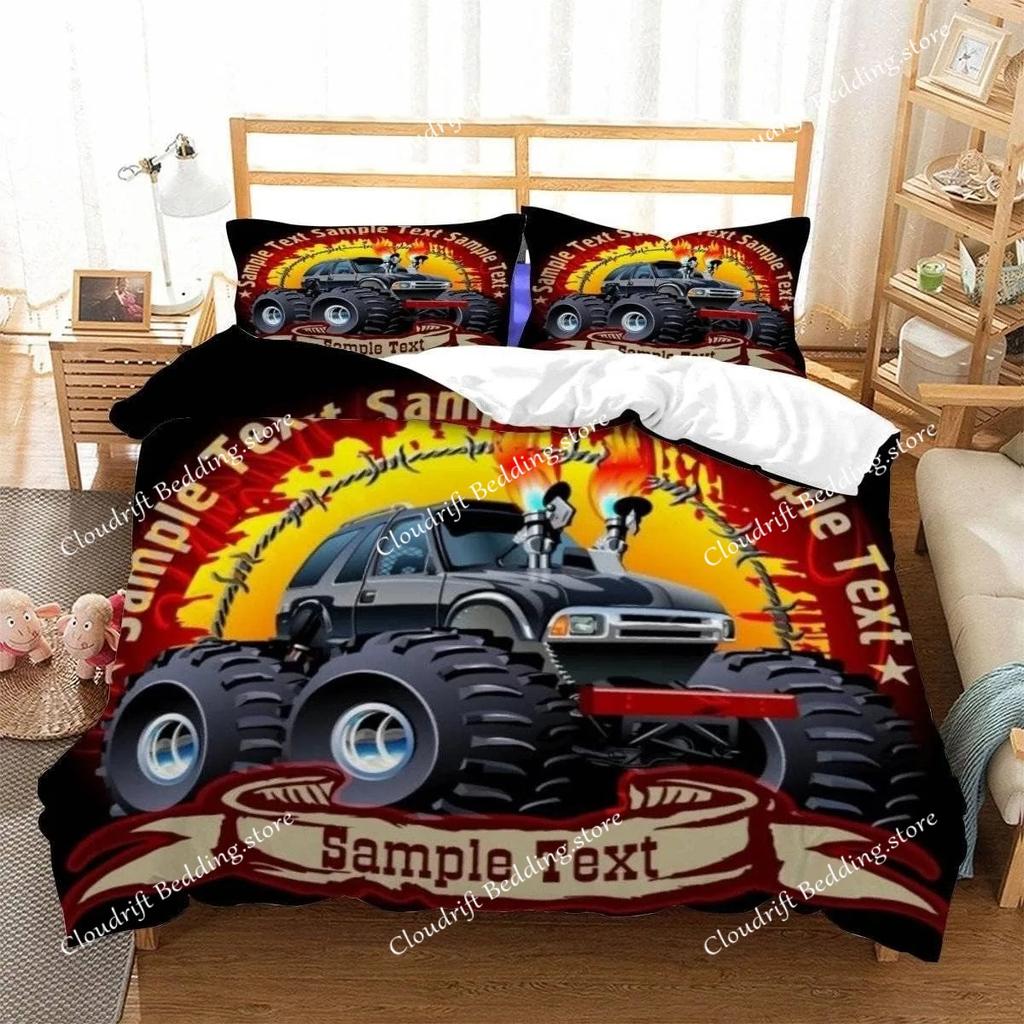 Racing themed bedding 3D printed cartoon monster truck pattern, soft down anti allergy down duvet cover, adult bedding set, teen
