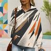 Women Plus Size Long Sleeve Geometric Printed Blue White Hoodie Pullover With Kangaroo Pocket