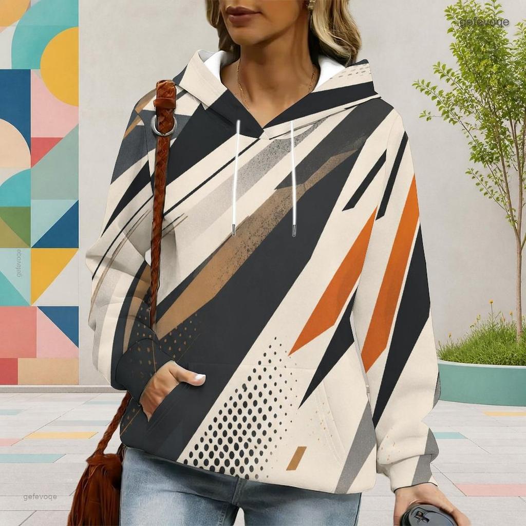 Women Plus Size Long Sleeve Geometric Printed Blue White Hoodie Pullover With Kangaroo Pocket