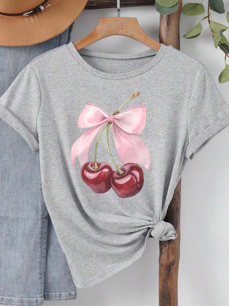 Fashion Lovely Cherry Print TShirt Short Sleeve CrewNeck Casual Commuter Tops for Summer Spring Womens Clothing Otaku Tees