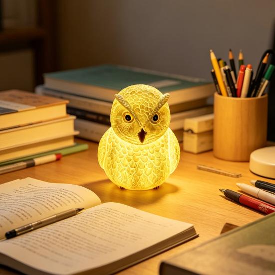 LED Owl Night Light Small Resin Owl Bedside Light 3D Bird Table Lamp for Bedroom Living Room Dining Room Nursery Office Home Decoration