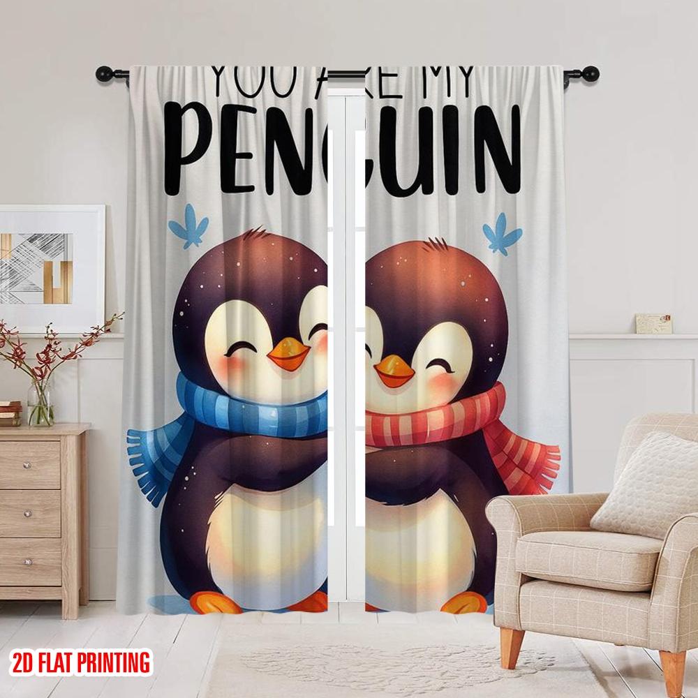 2pcs,2D plane printing Popular Curtains Penguin Love 100% Polyester (without rod) Gifts Use for Living Room, Semi-Sheer