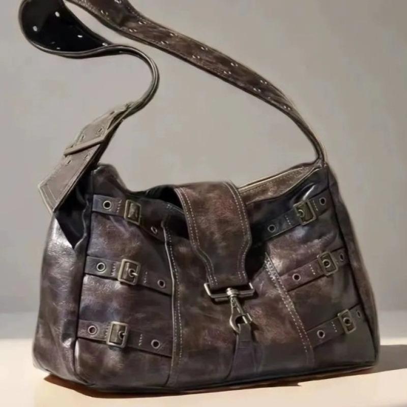 High Quality New Wide Single Shoulder Strap Portable Tote Retro Large Capacity Metal Heavy Punk Style Shoulder Bag