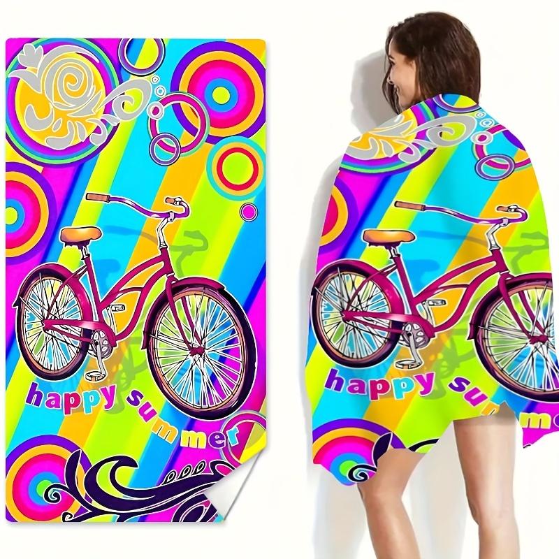 Retro-Fahrradmuster Strandtuch mit Happy Summer Aufdruck, Weiches Saugfähiges Mikrofaser-Polyester-Handtuch für Strand Pool Badezimmer Cam