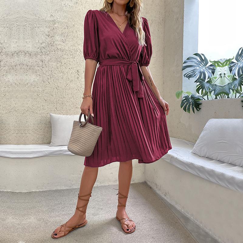 Fashion Women's Summer Lace-Up V-Neck Green Pleated Dress