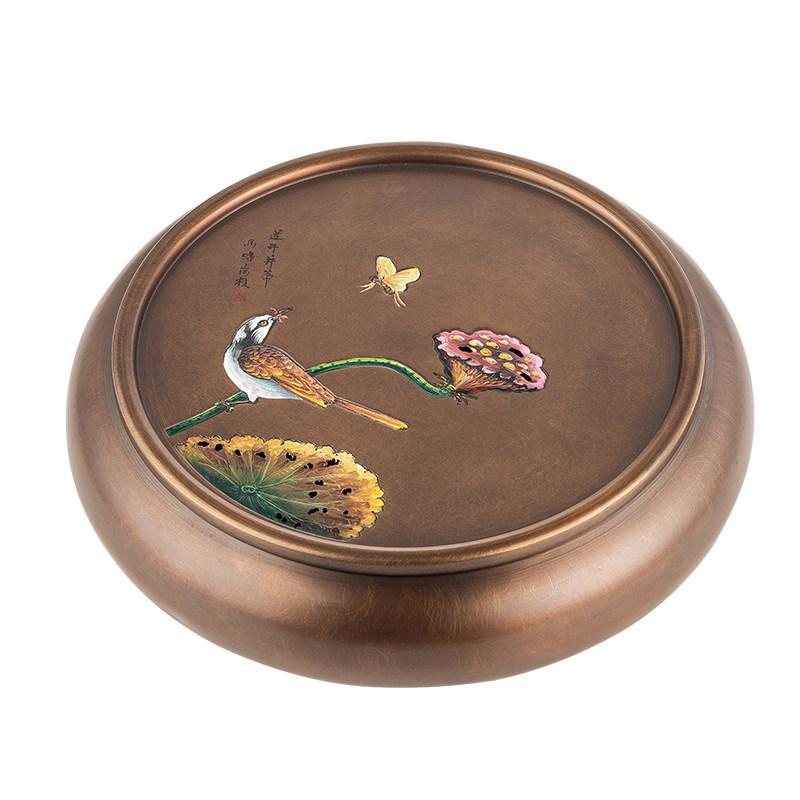 Hand-Painted Retro Bronze Round Tea Tray with Rooster Design