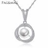 PAG&MAG Clear Cubic Zircon Stone Inserting Charm Handmade 925 Sterling Silver Real Drop Pearl Necklace for Girl Gift