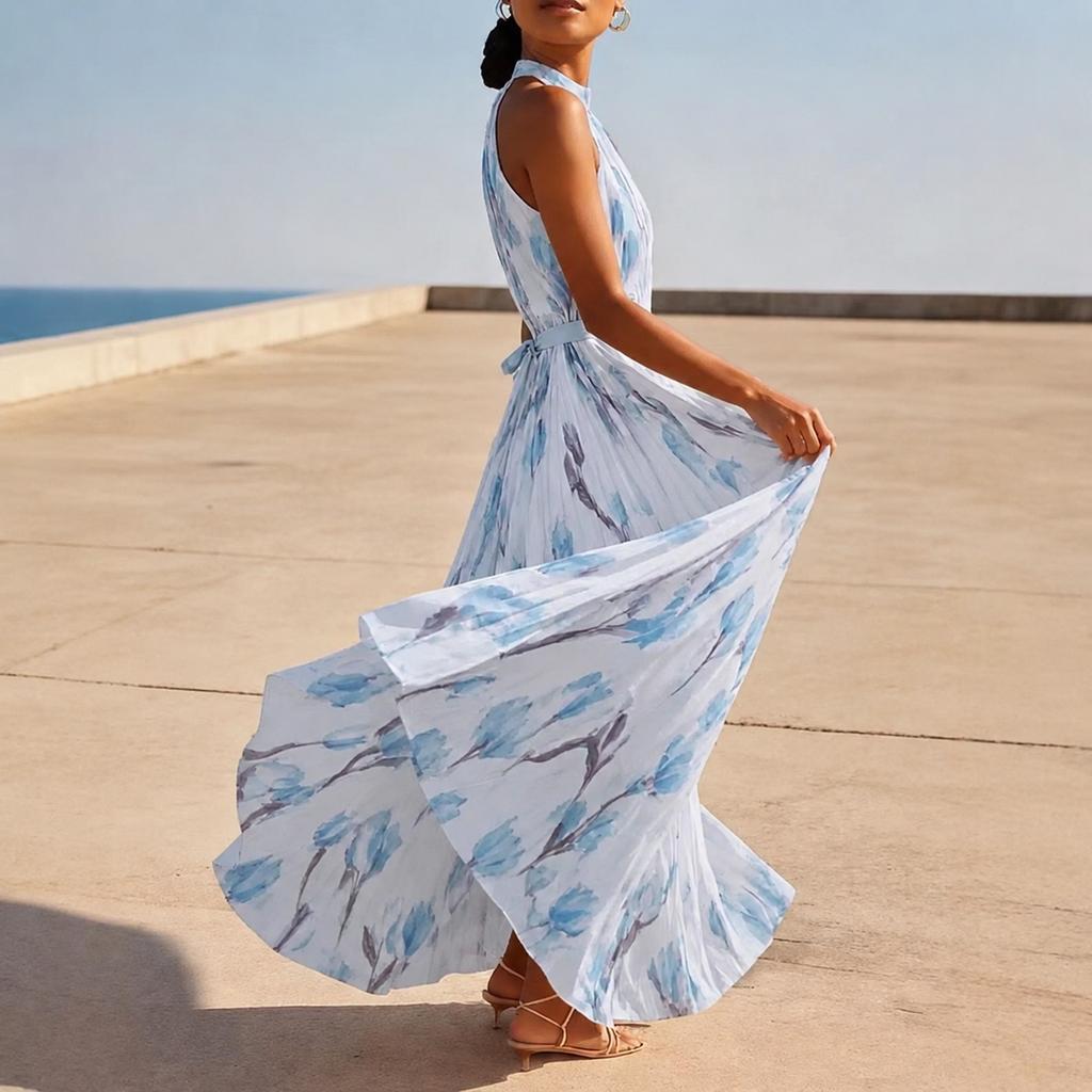 Women's Halter Neck Maxi Dress with Floral Print Sleeveless Vacation Dress Flowy Bohemian Style Summer Dress for Outdoor Events
