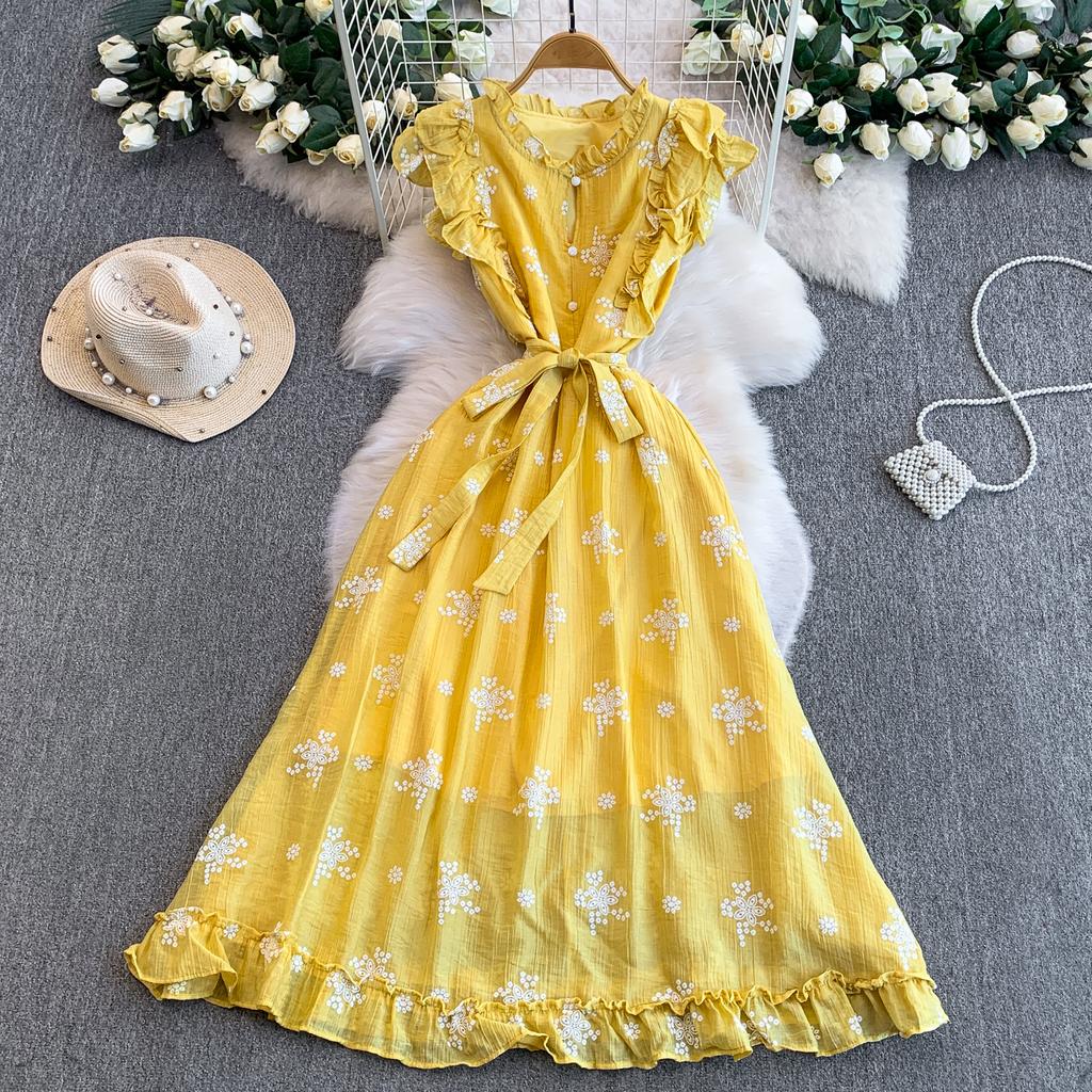 Sweet Stitched Ruffle Hem round Ne Princ Long Dress Women Spring Autumn Belted Waist Women Dress