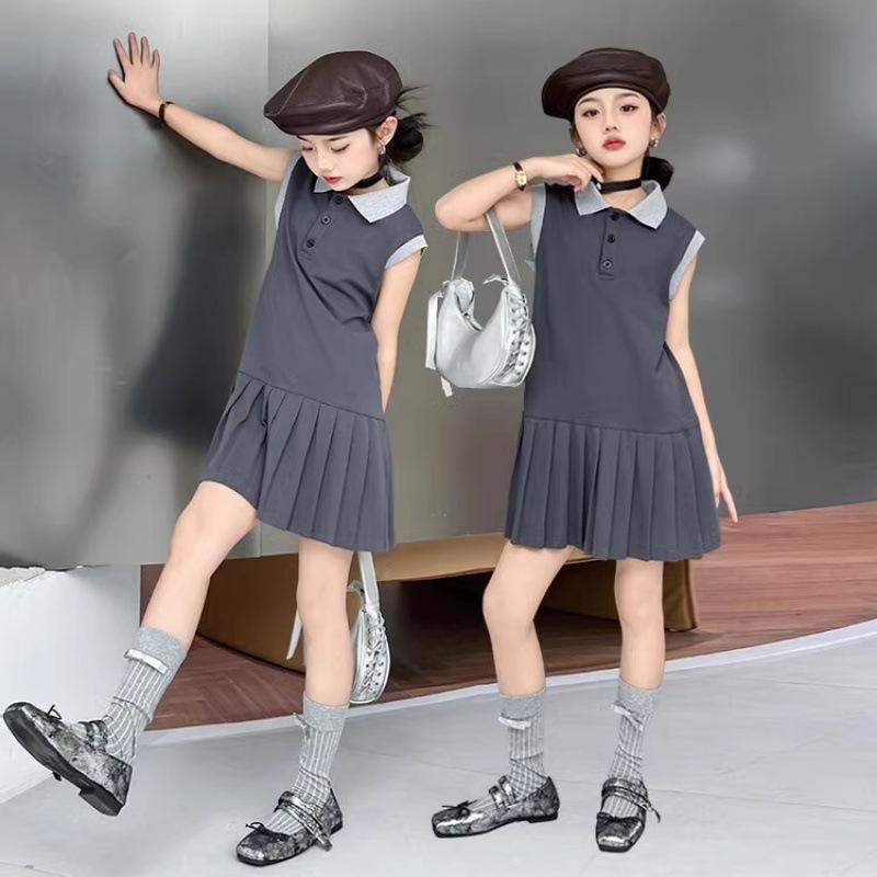 Girls Summer Polo Collar Sleeveless Pleated Dress Preppy Vest Skirt For Big Kids