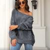 Ladies Autumn Winter Lantern Sleeve Flat Shoulder Pullover Solid Color Loose Knitted Sweater Knitwear Top
