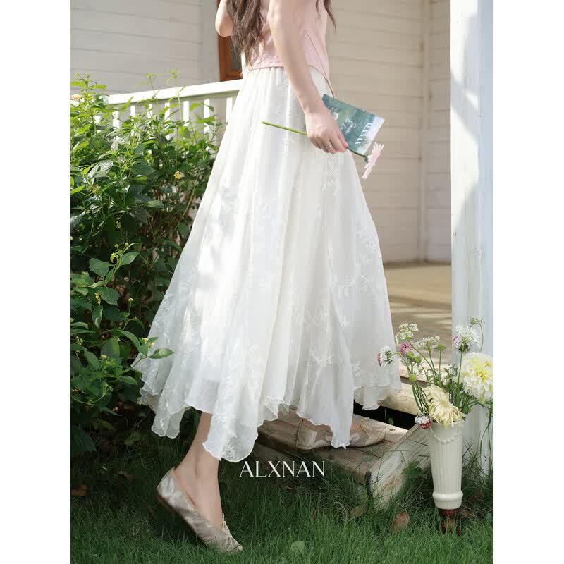 French Style Apricot Irregular A-Line Midi Skirt L