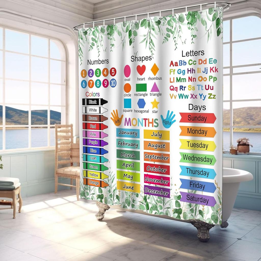 Alphabet Kids Educational Shower Curtain, Learning Tool Unisex Fabric Bathroom Decor with 12 Hooks