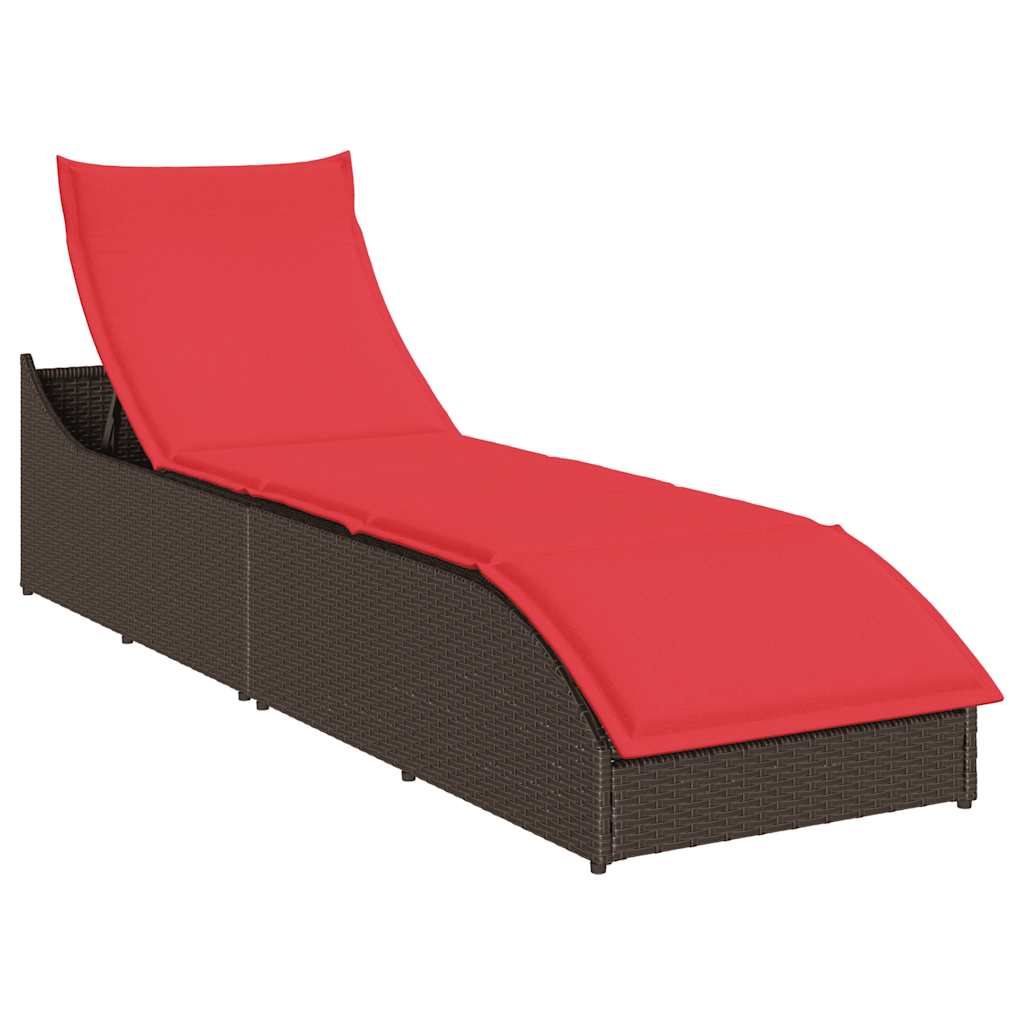 Folding Sun Lounger with Cushion and Storage Space Brown Poly Rattan