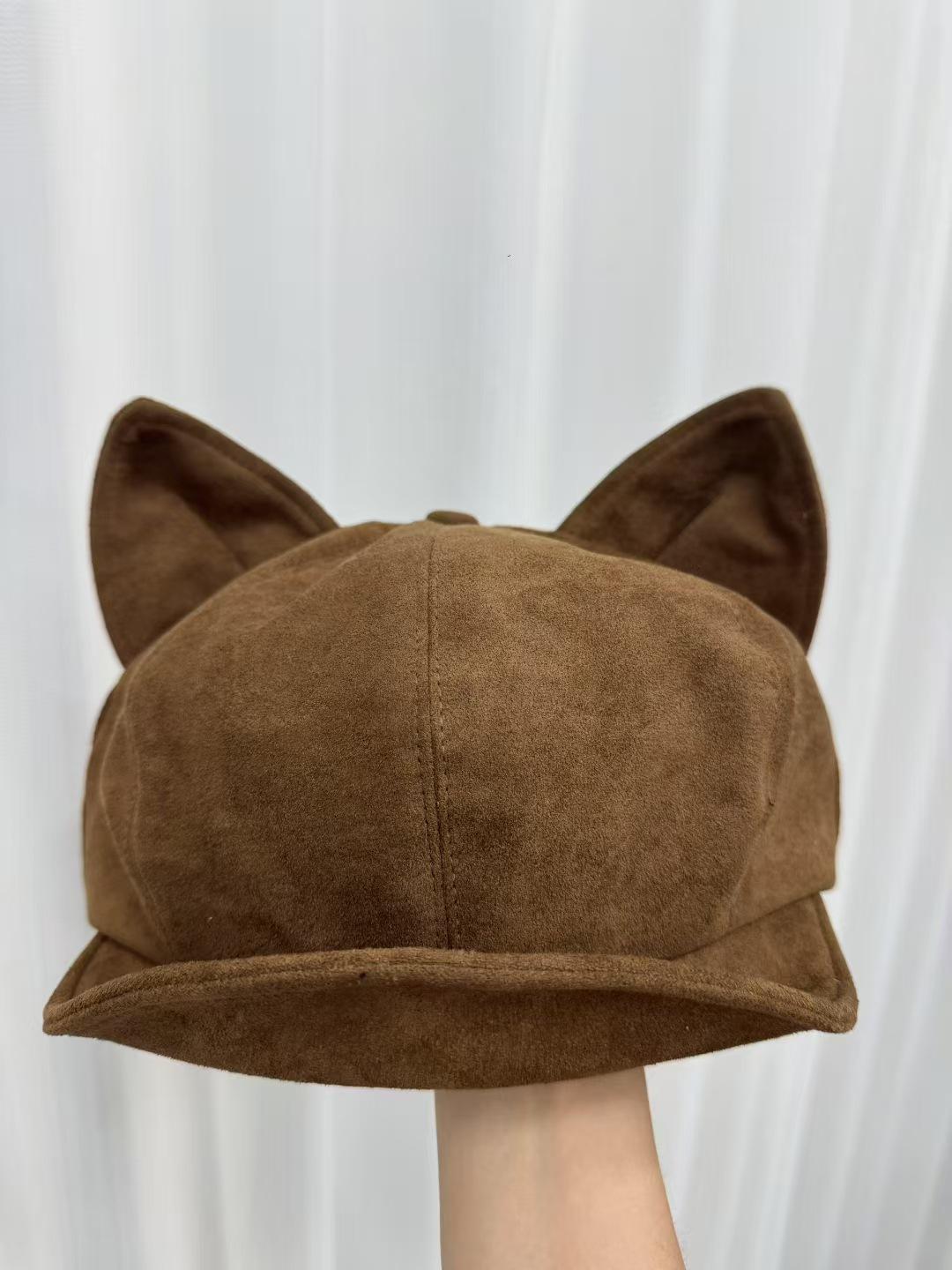 

Женский замшевый берет с кошачьими ушками — Осенне-зимняя ретро восьмиугольная шляпа, однотонная, универсальный стиль художника для шикарного образа M (56-58cm)