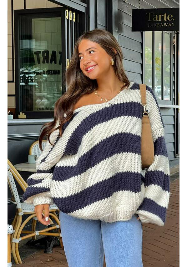 Autumn/Winter Casual Loose Knit Sweater with Slanted Shoulder and Dopamine Stripes